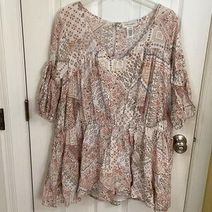 Boho Patchwork V-Neck Tunic in Cream and Tan